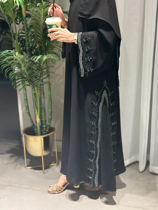 "Chiffon Abaya with Net Side Panels and Handwork" Z110