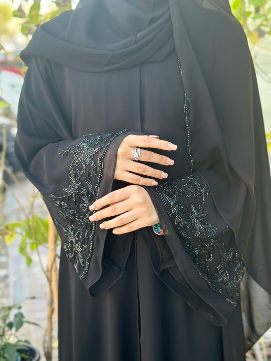 "Black Chiffon Abaya with Handwork" Z118